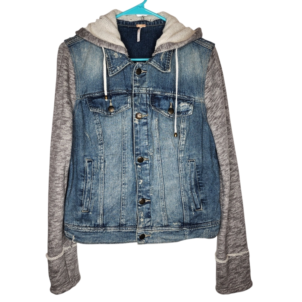 Free People Distressed Denim Cotton Jacket With Hoodie L